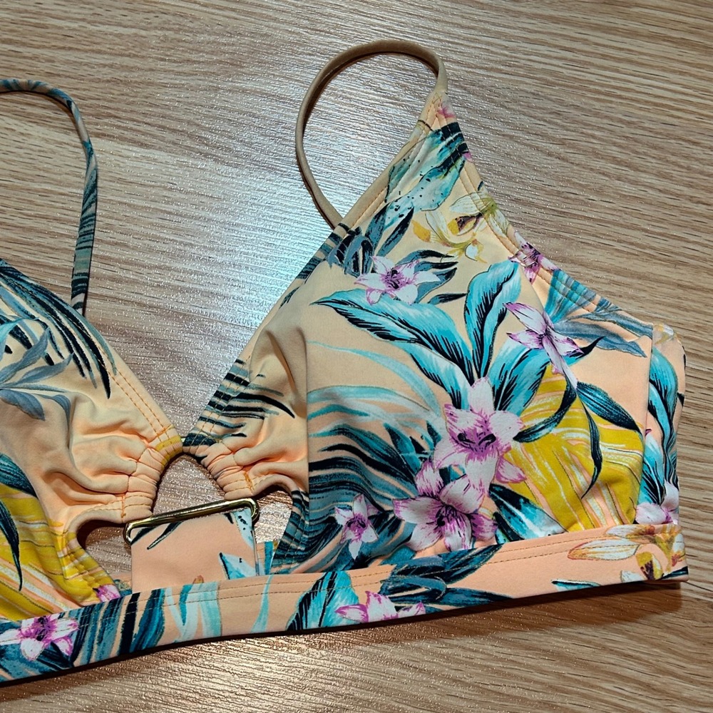 Ambrielle Tropical Floral Bikini Top Peach Teal Gold Ring Detail Large - Picture 3 of 6